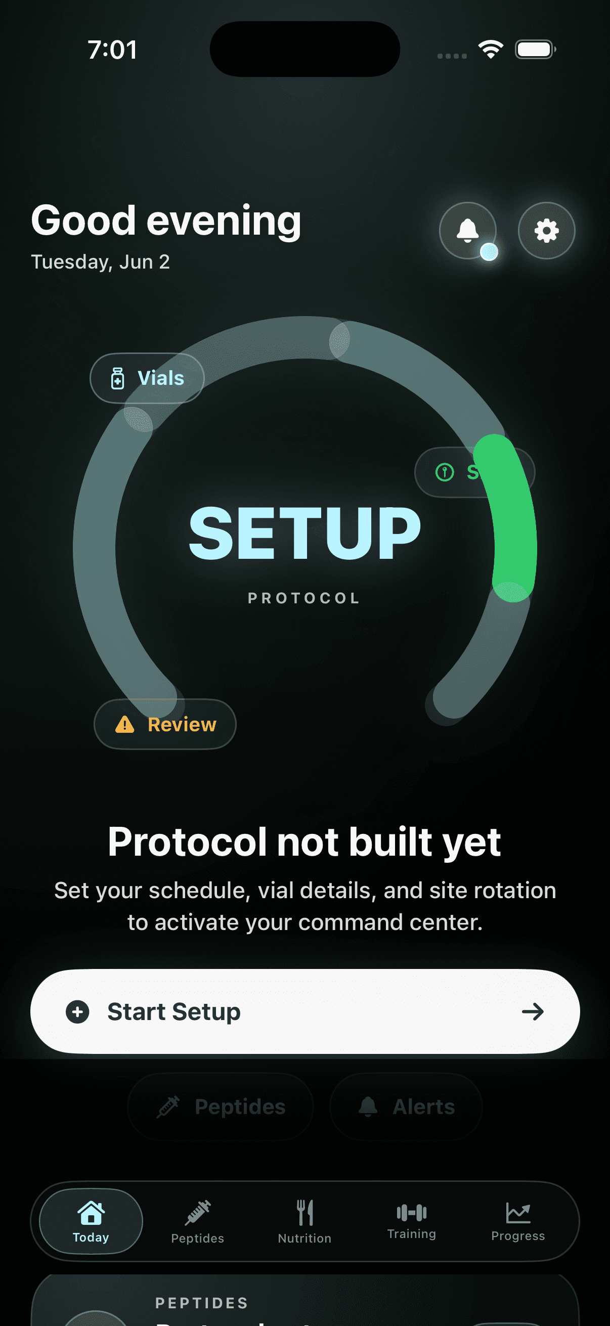 Agonist Today screen showing an honest setup state